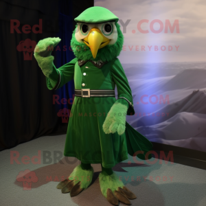 Green Hawk mascot costume character dressed with a Empire Waist Dress and Gloves