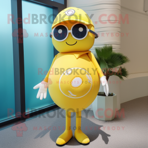 Lemon Yellow Baseball Ball mascot costume character dressed with a One-Piece Swimsuit and Eyeglasses