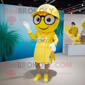 Lemon Yellow Baseball Ball mascot costume character dressed with a One-Piece Swimsuit and Eyeglasses