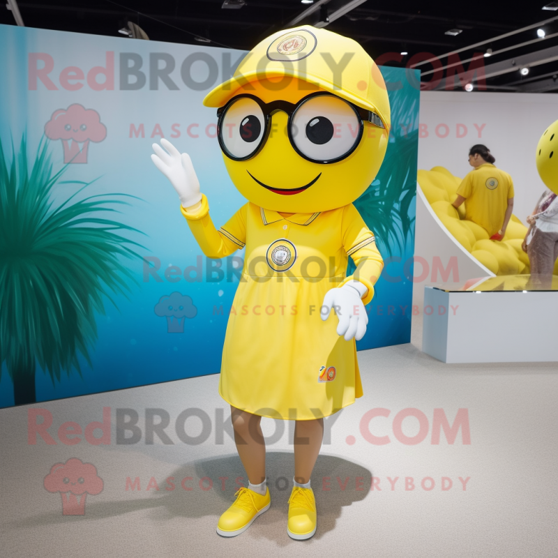 Lemon Yellow Baseball Ball mascot costume character dressed with a One-Piece Swimsuit and Eyeglasses Lemon Yellow Baseball Ball mascot costume character dressed with a One-Piece Swimsuit and Eyeglasses
