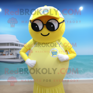 Lemon Yellow Baseball Ball mascot costume character dressed with a One-Piece Swimsuit and Eyeglasses