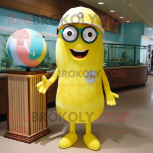 Lemon Yellow Baseball Ball mascot costume character dressed with a One-Piece Swimsuit and Eyeglasses