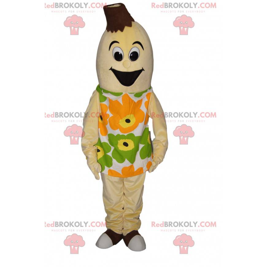 Very happy banana mascot with a floral dress - Redbrokoly.com