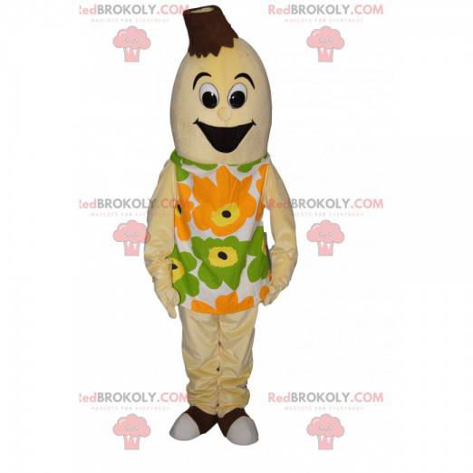 Mascotte banana molto felice con un vestito floreale -