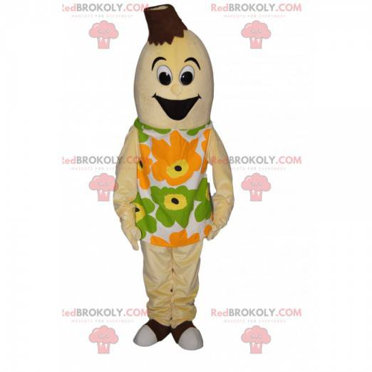 Mascotte de banane très heureuse avec une robe à fleurs -