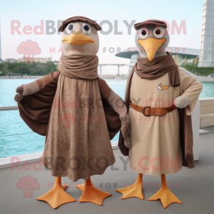 Brown Seagull mascot costume character dressed with a Henley Shirt and Shawls