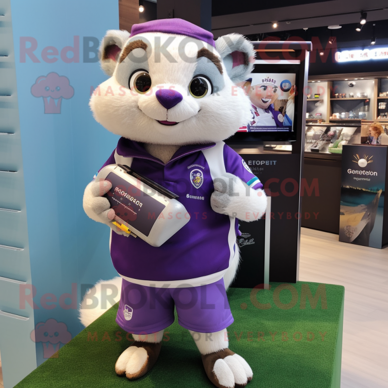 Lavender Ferret mascot costume character dressed with a Rugby Shirt and Digital watches