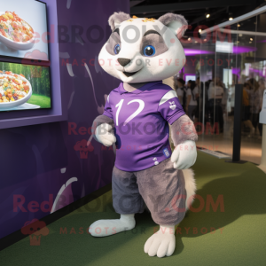Lavender Ferret mascot costume character dressed with a Rugby Shirt and Digital watches