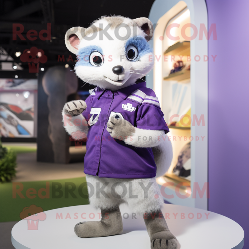 Lavender Ferret mascot costume character dressed with a Rugby Shirt and Digital watches