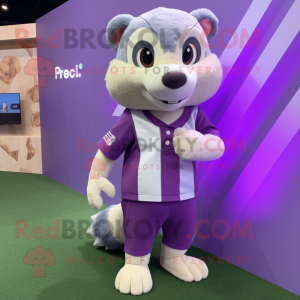 Lavender Ferret mascot costume character dressed with a Rugby Shirt and Digital watches
