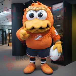 Orange Cod mascot costume character dressed with a Rugby Shirt and Wraps