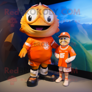 Orange Cod mascot costume character dressed with a Rugby Shirt and Wraps