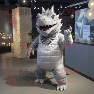 Silver Ankylosaurus mascot costume character dressed with a Cargo Pants and Tie pins