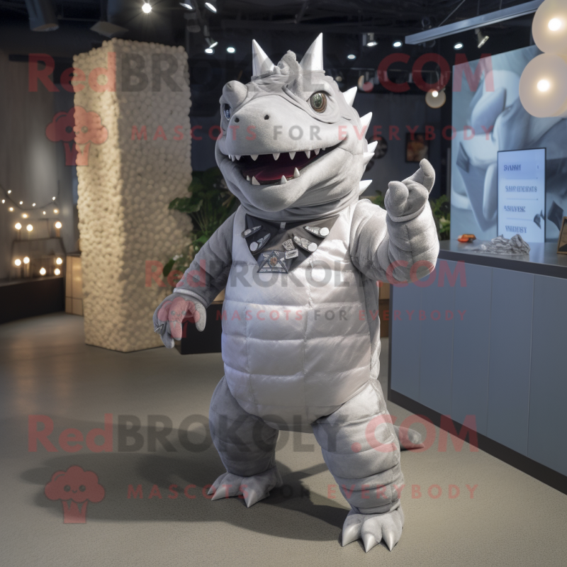 Silver Ankylosaurus mascot costume character dressed with a Cargo Pants and Tie pins Silver Ankylosaurus mascot costume character dressed with a Cargo Pants and Tie pins