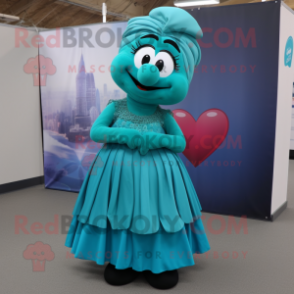 Teal Heart mascot costume character dressed with a Maxi Skirt and Suspenders