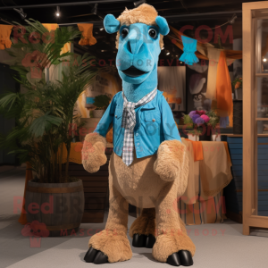 Turquoise Camel mascot costume character dressed with a Denim Shirt and Bow ties