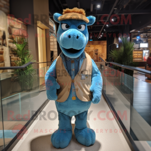Turquoise Camel mascot costume character dressed with a Denim Shirt and Bow ties
