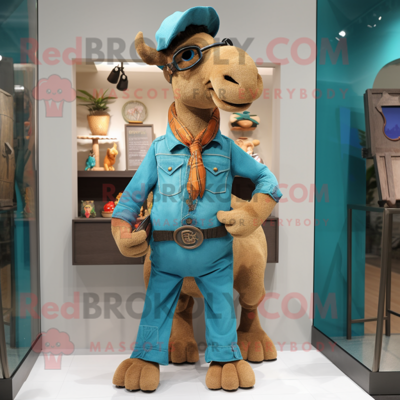 Turquoise Camel mascot costume character dressed with a Denim Shirt and Bow ties