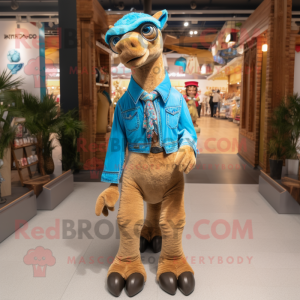 Turquoise Camel mascot costume character dressed with a Denim Shirt and Bow ties