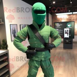 Green Gi Joe mascot costume character dressed with a Henley Shirt and Necklaces
