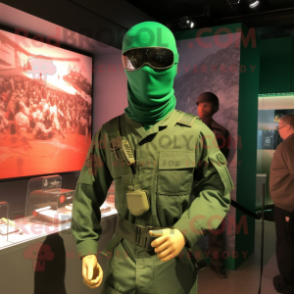 Green Gi Joe mascot costume character dressed with a Henley Shirt and Necklaces