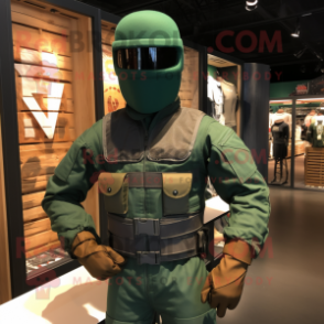 Green Gi Joe mascot costume character dressed with a Henley Shirt and Necklaces