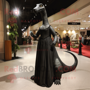 Black Brachiosaurus mascot costume character dressed with a Empire Waist Dress and Bracelets