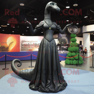Black Brachiosaurus mascot costume character dressed with a Empire Waist Dress and Bracelets