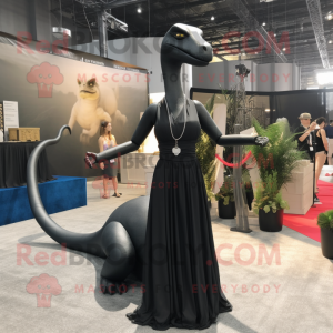 Black Brachiosaurus mascot costume character dressed with a Empire Waist Dress and Bracelets