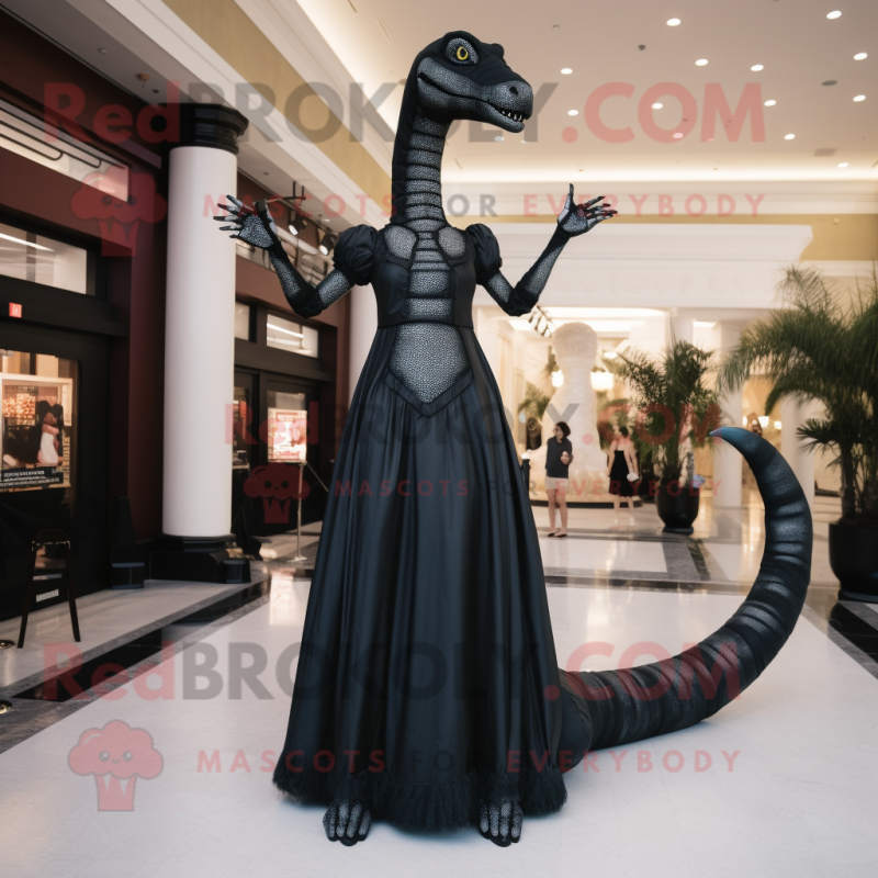 Black Brachiosaurus mascot costume character dressed with a Empire Waist Dress and Bracelets Black Brachiosaurus mascot costume character dressed with a Empire Waist Dress and Bracelets