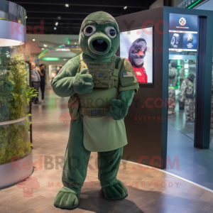 Green Navy Seal mascot costume character dressed with a Playsuit and Shawls