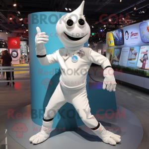 White Contortionist mascot costume character dressed with a Rash Guard and Lapel pins