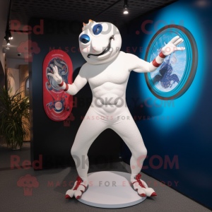 White Contortionist mascot costume character dressed with a Rash Guard and Lapel pins