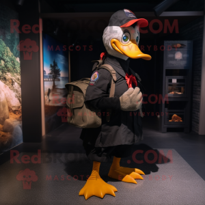 Black Muscovy Duck mascot costume character dressed with a Cargo Pants and Clutch bags