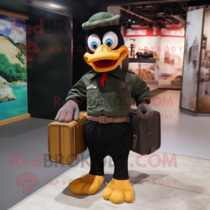 Black Muscovy Duck mascot costume character dressed with a Cargo Pants and Clutch bags