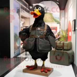 Black Muscovy Duck mascot costume character dressed with a Cargo Pants and Clutch bags