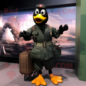 Black Muscovy Duck mascot costume character dressed with a Cargo Pants and Clutch bags
