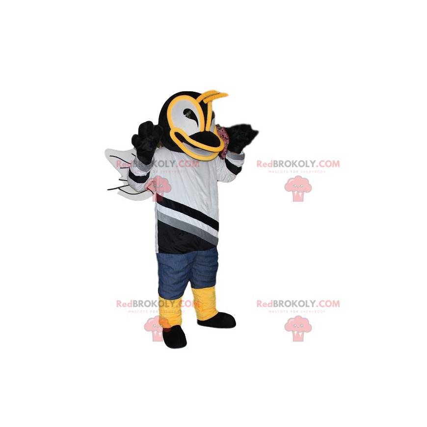 Mascotte de bourdon avec un maillot noir et blanc -