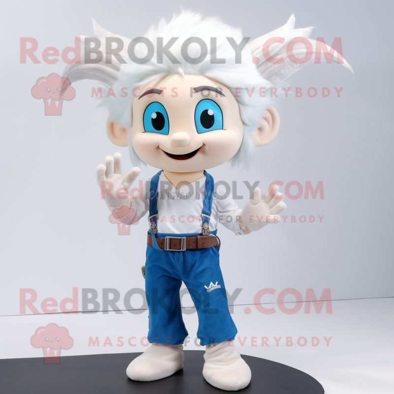 White Elf mascot costume character dressed with a Jeans and Hair clips