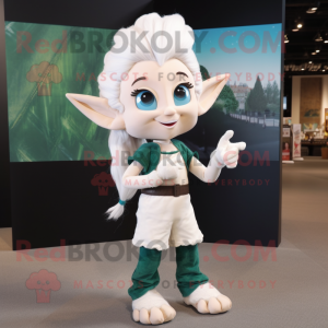 White Elf mascot costume character dressed with a Jeans and Hair clips