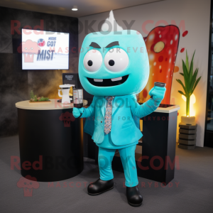 Turquoise Miso Soup mascot costume character dressed with a Blazer and Cufflinks