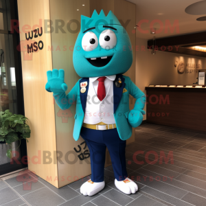 Turquoise Miso Soup mascot costume character dressed with a Blazer and Cufflinks