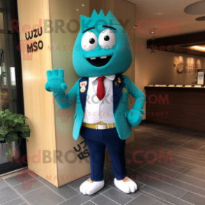 Turquoise Miso Soup mascot costume character dressed with a Blazer and Cufflinks