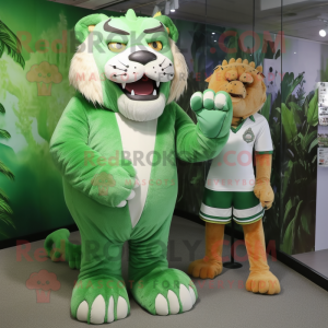 Green Saber-Toothed Tiger mascot costume character dressed with a A-Line Dress and Messenger bags