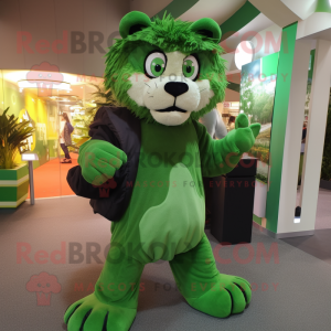 Green Saber-Toothed Tiger mascot costume character dressed with a A-Line Dress and Messenger bags