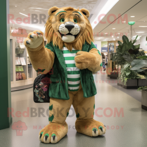 Green Saber-Toothed Tiger mascot costume character dressed with a A-Line Dress and Messenger bags