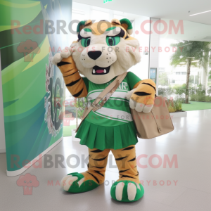 Green Saber-Toothed Tiger mascot costume character dressed with a A-Line Dress and Messenger bags