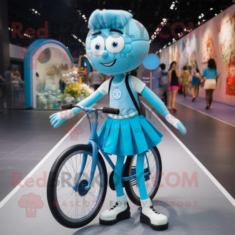 Cyan Unicyclist mascot costume character dressed with a Mini Skirt and Handbags