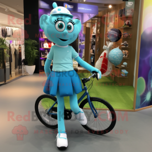 Cyan Unicyclist mascot costume character dressed with a Mini Skirt and Handbags