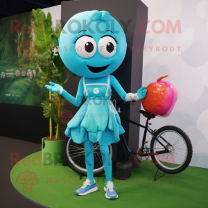 Cyan Unicyclist mascot costume character dressed with a Mini Skirt and Handbags